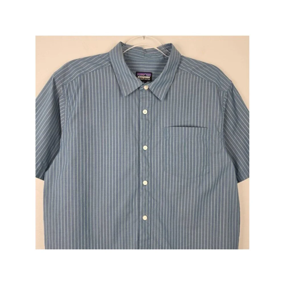 Patagonia Fezzman Button Shirt Short Sleeve Organic Cotton Striped Blue Size M